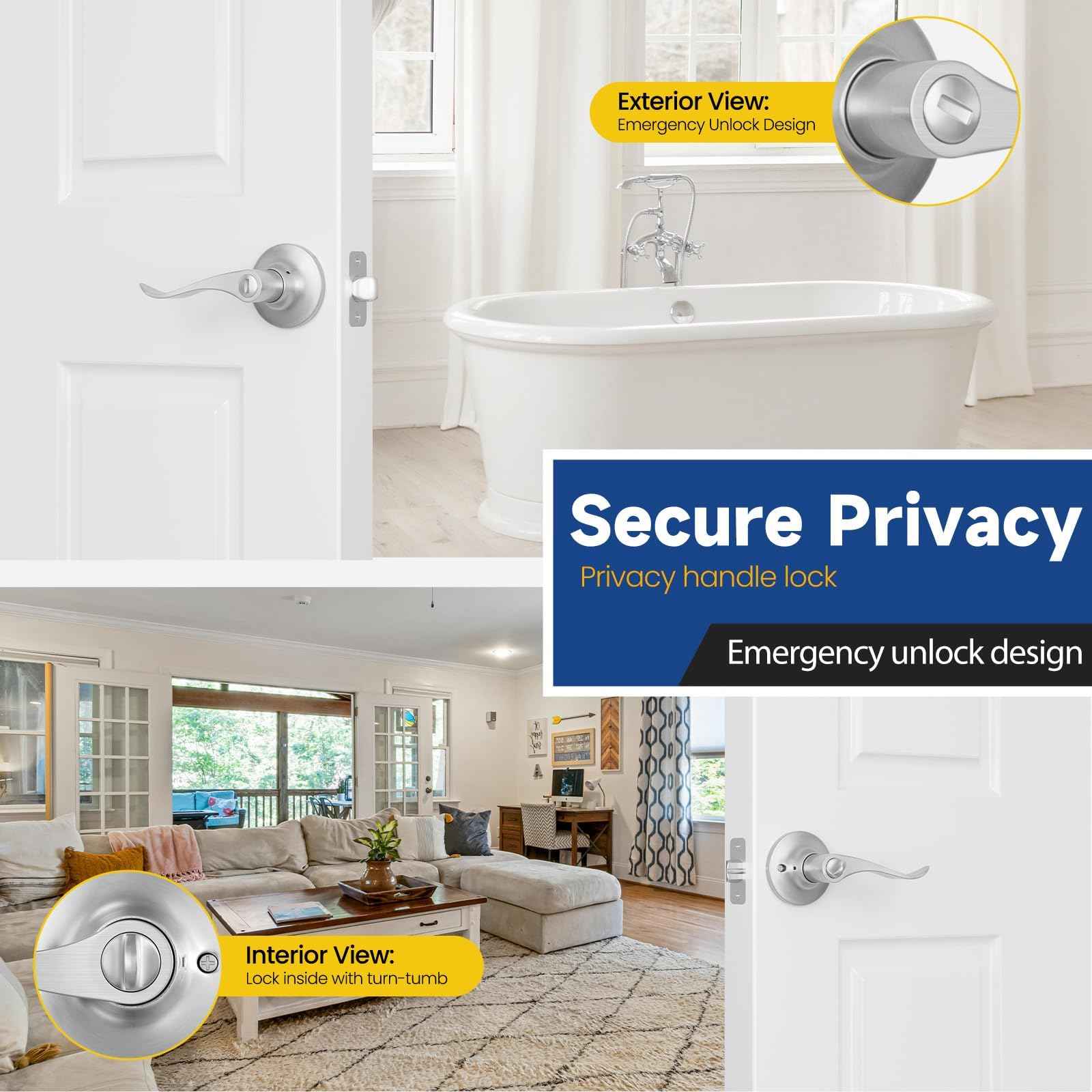 RAFECIEE Privacy Door Handle with Lock Keyless Door Lever for Bathroom and Bedroom Satin Nickel Wave Style Interior Door Handles