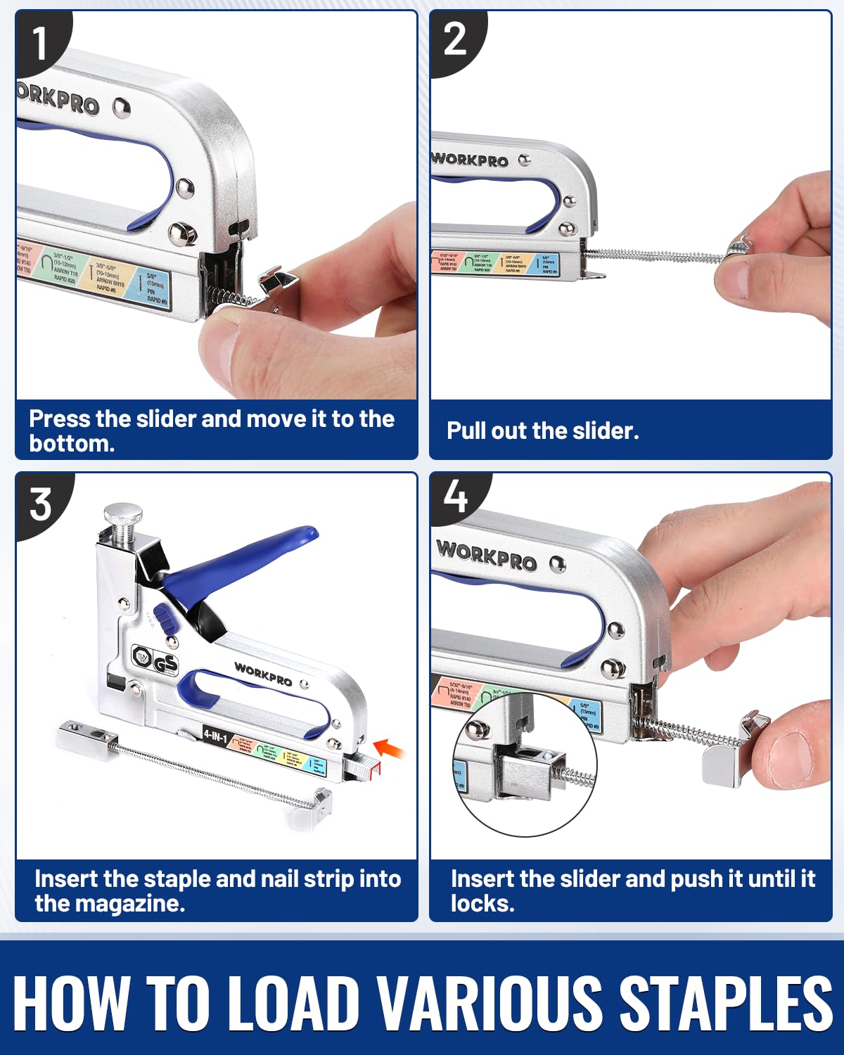 WORKPRO 4-in-1 Staple Gun, Manual Brad Nailer with 2000 Counts Staples, Upholstery Stapler Nail Gun for Fixing Material, Decoration, Carpentry, Furniture, Doors and Windows