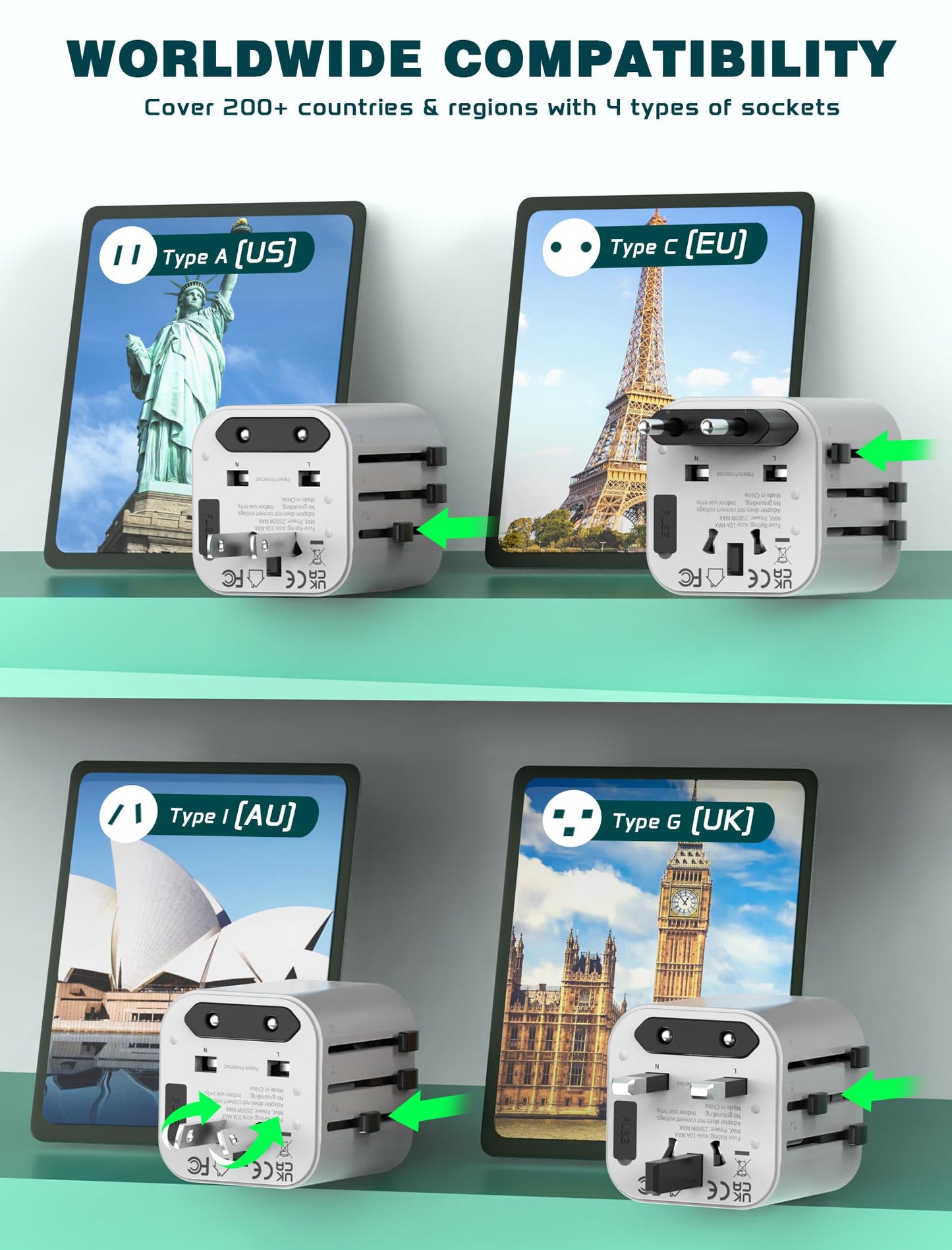 Universal Travel Adapter Worldwide, TECSIX Compact Travel Power Plug Adapter (Type A C G I), 2500W Internetional Wall Charger Outlet Adaptor to Europe, India, UK, US, AUS, Asia 200+ Countries