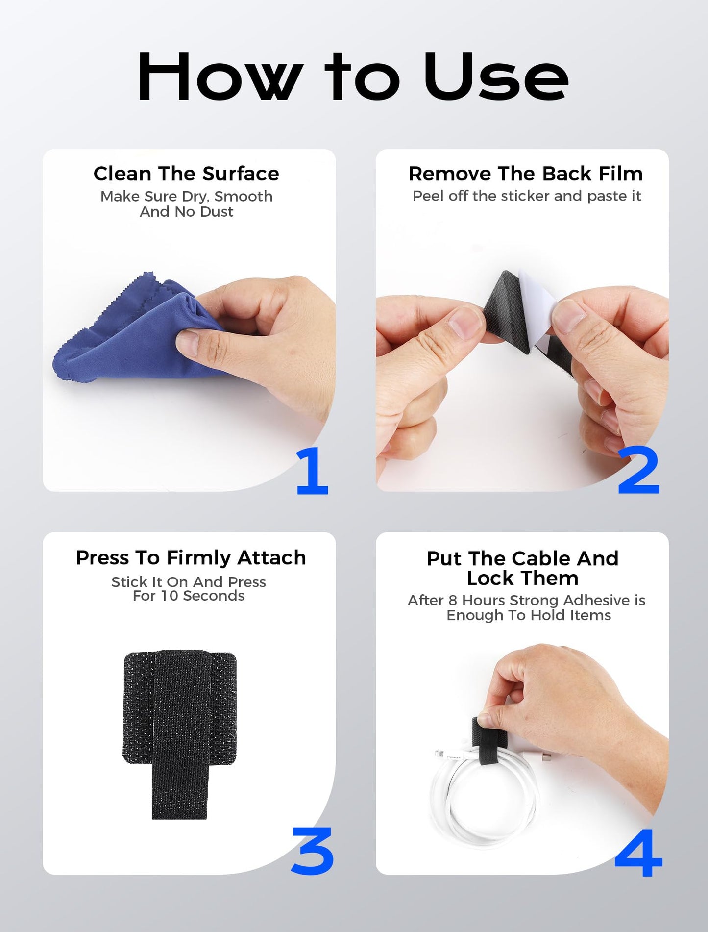 100pcs Hook and Loop Cable Ties, gliship Adhesive Wire Management, Adjustable Cable Straps Cord Wrappers Keeper Cord Holder, Sticky-back Cord Organizer for Kitchen Appliances at Office, Home - Black