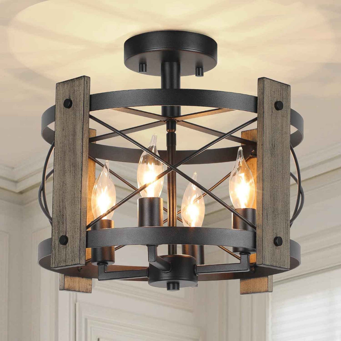 4-Light Rustic Farmhouse Semi Flush Mount Ceiling Light Fixture - Black Industrial Design for Kitchen, Dining Room, and Hallway