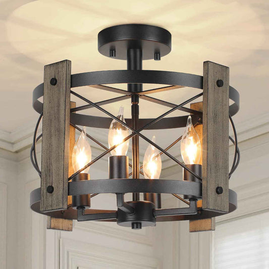 4-Light Rustic Farmhouse Semi Flush Mount Ceiling Light Fixture - Black Industrial Design for Kitchen, Dining Room, and Hallway