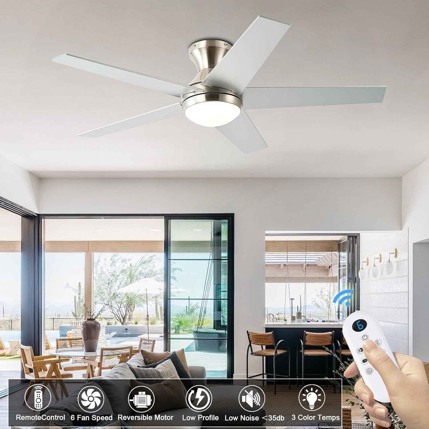 48-Inch Low Profile Ceiling Fan with Lights & Remote Control - Dimmable, Noiseless, Reversible Motor for Bedroom & Indoor/Outdoor Use