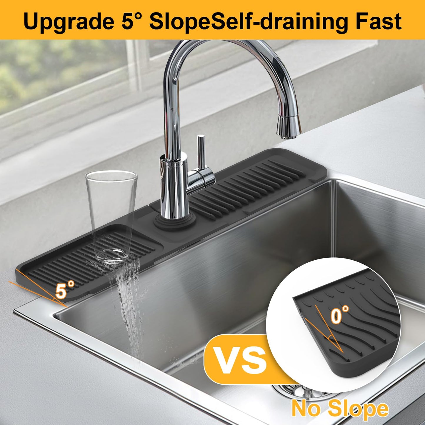 Doeklpo 24 Inch Kitchen Sink Splash Guard๏ผ5ยฐSlope Fast Draining Silicone Mat for Kitchen Sink Faucet Mat, Kitchen Sink Tidy Splash Guard for Kitchen Sink Area Bathroom Faucet Draining Mat (Black)