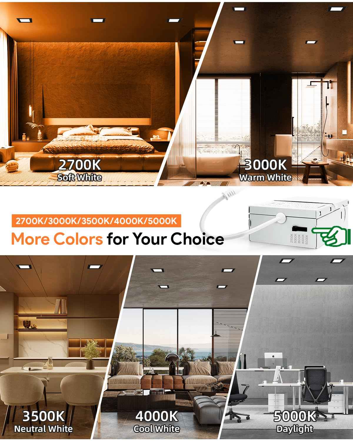 Adetu 6 inch Square Led Recessed Lighting Black,5CCT Ultra Thin Square Led Ceiling Light with Junction Box,14W 1190lm,2700K/3000K/3500K/4000K/5000K Dimmable Downlight,ETL and Energy Star Certified