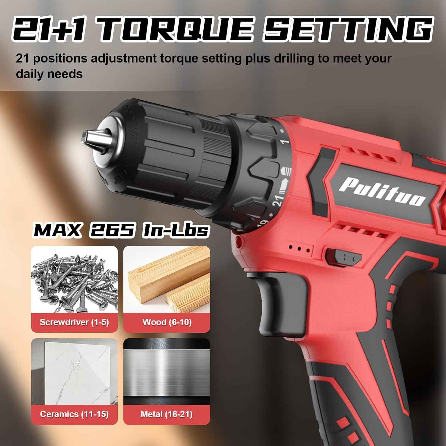 PULITUO'S 20V Cordless Drill/Driver, Electric Screwdriver - 2 Batteries, 30Nm, 21+1 Torque, 2 Speed, Keyless 3/8" Chase Drill with LED Light, Kit for Home (Green)