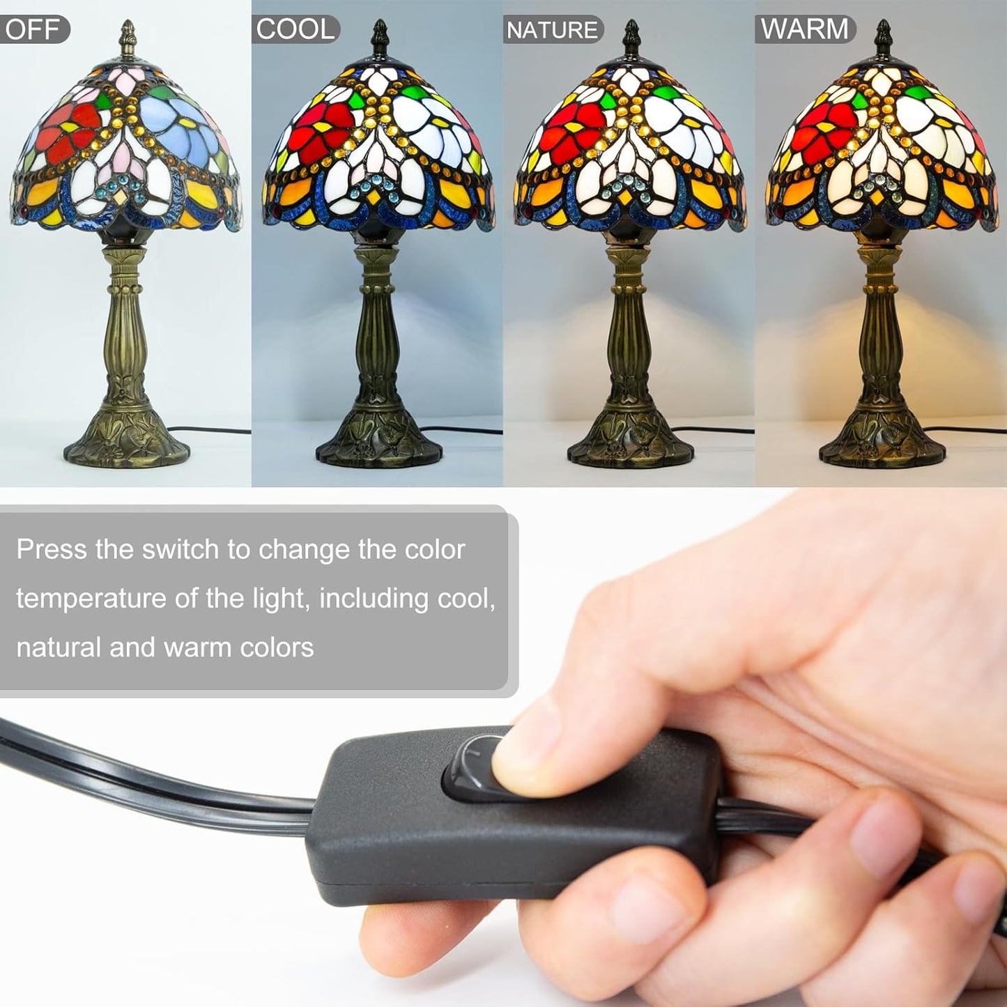 Tiffany Table Lamp - 8 Inch Antique Stained Glass, 3 Color Temperatures, Handcrafted for Bedroom & Living Room