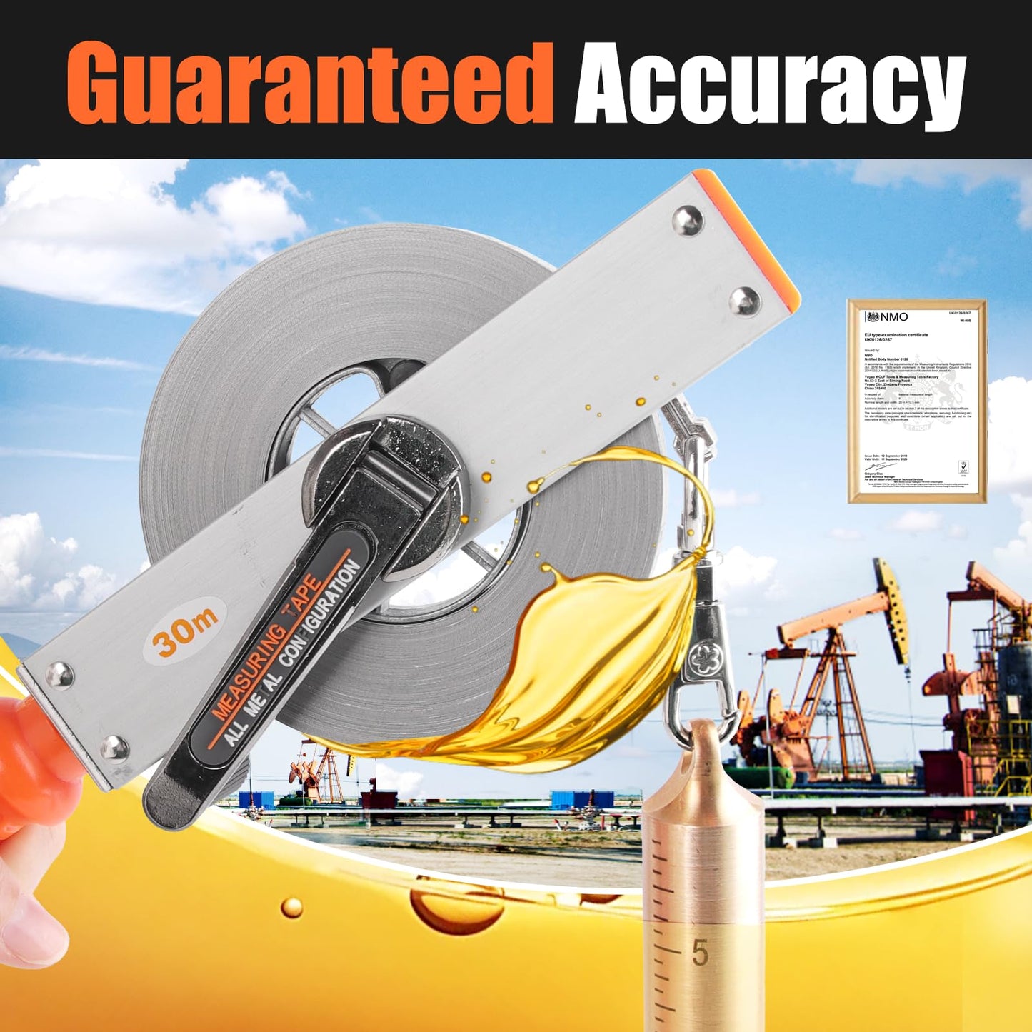 Cekegon Oil Gauging Tape with 560g/20oz Plumb bob, Explosion-Proof Oil Tank Gauging Tapes with Ground Strap, Double Duty Stainless Steel Sounding Tape with Brass Plumb Bob-15M