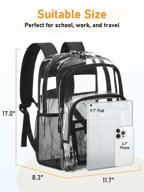 Flowston Double Layer Large Clear Backpack, 17 inch Transparent TPU Clear Bookbag, Heavy Duty See Through Backpack for College, Work, Travel, Casual Sport, Black
