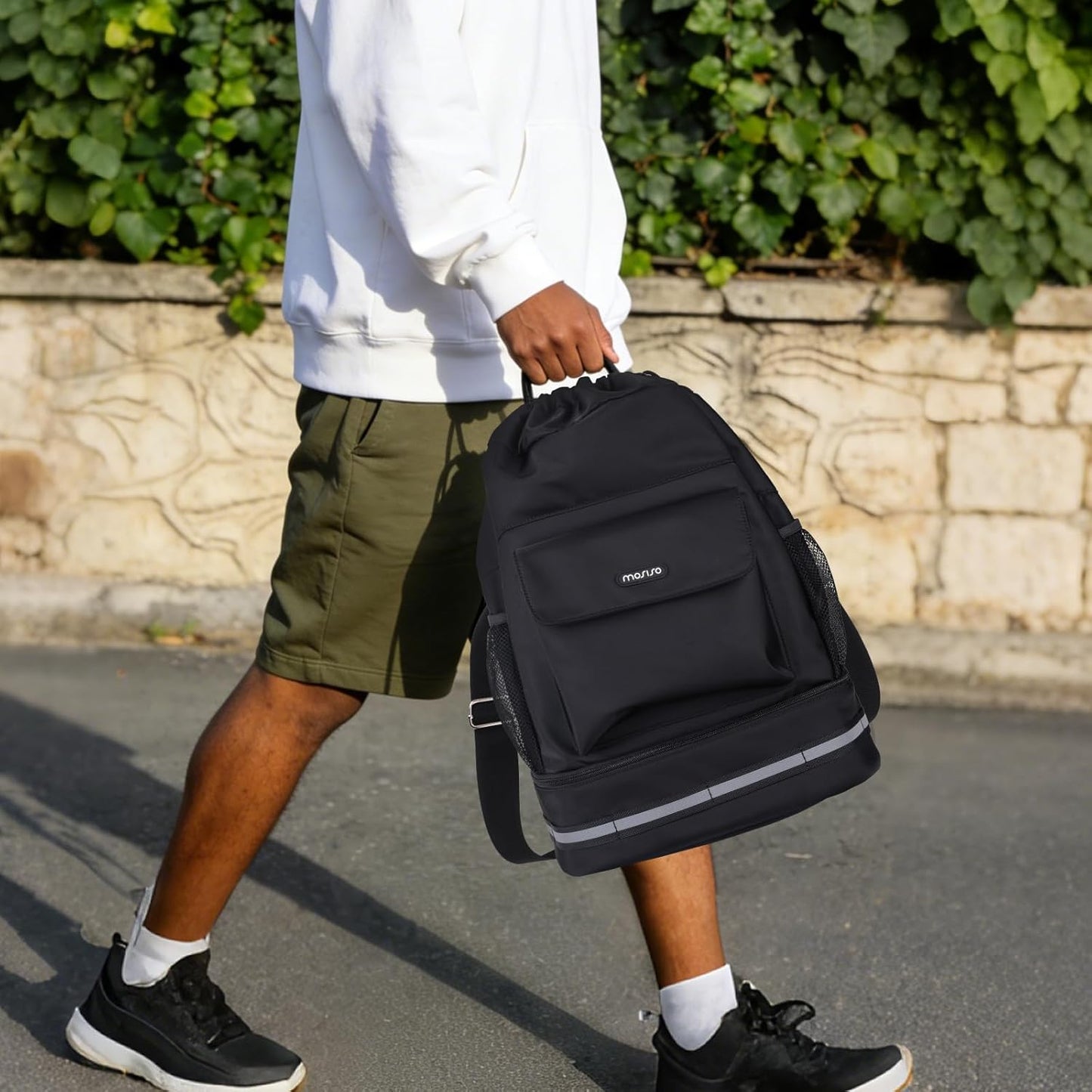 MOSISO Gym Bag - Sports Drawstring Backpack with Shoe Compartment & Front Pocket | Black Fitness Duffle for Travel and Yoga