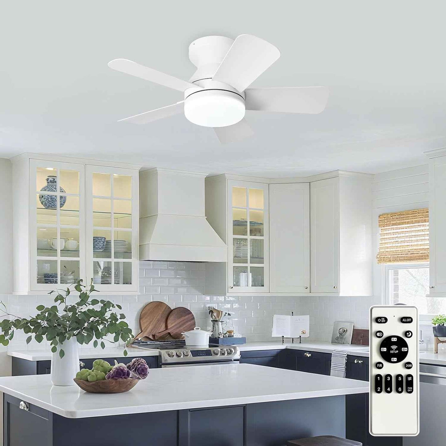 42-Inch Modern Black Ceiling Fan with Light & Remote - Dimmable Low Profile, 5 Reversible Walnut Blades, 6 Speeds for Indoor/Outdoor Use