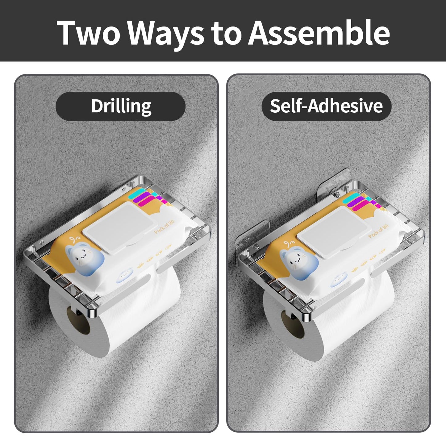 AIDILI Toilet Paper Holder with Phone Shelf, Self Adhesive Toilet Tissue Roll Holder Without Drilling, Rustproof Stainless Steel Tissue Paper Holder for Bathroom Hardware Accessories