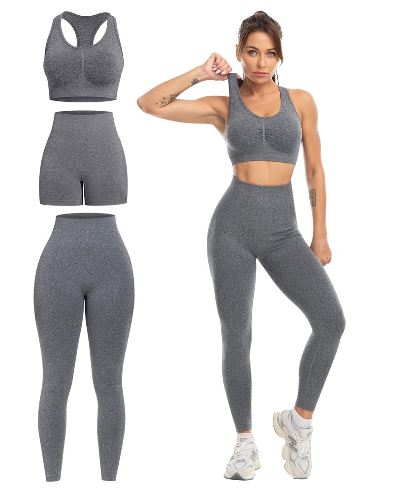 SALSPOR 3 Piece Workout Sets for Women Butt Lifting Leggings with High Impact Sports Bra Gym Shorts Activewear Matching Set(3DWX-Dark Grey-M)