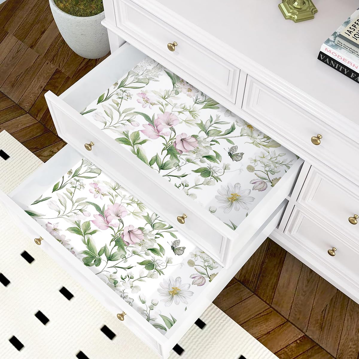 Livebor Floral Peel and Stick Wallpaper Floral Boho Contact Paper 16.9" x 118.1" Green Leaf Flower Wallpaper Peel and Stick Butterfly Botanical Self Adhesive Wall Paper for Bathroom Cabinets Vinyl