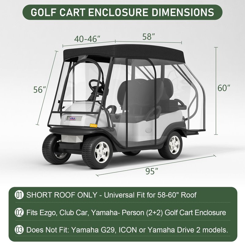 Rosefray Golf Cart Enclosure with 4 Sided Clear PVC Windows, 2+2 Golf Cart Drivable Enclosure Rain Cover , Short Roof 58" , Durable Door Zipper - (4 Seater Golf Cart Cover)-Black