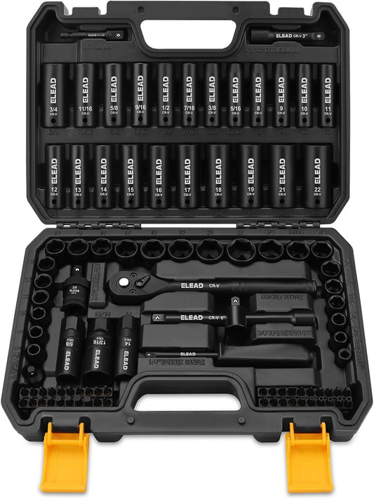 96-Piece ELEAD Impact Socket Set - Deep & Shallow Metric/Standard with Ratchet, Adapters & Extensions