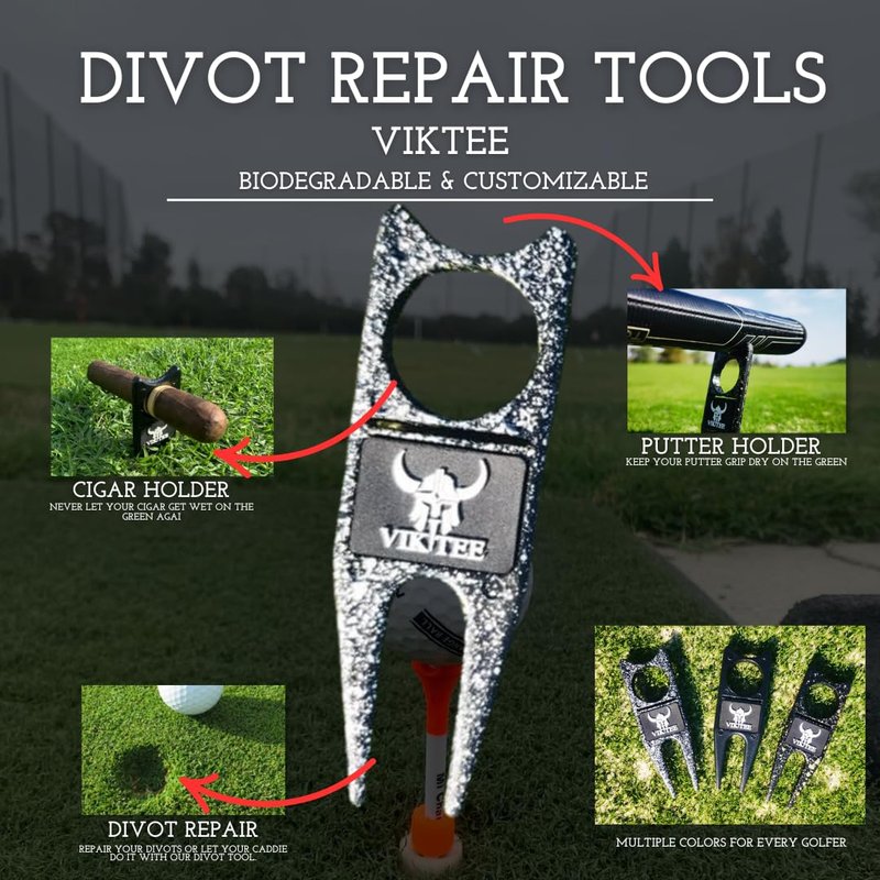 VIKTEE Premium Golf Tees 20 Pack – Patented Anti-Shock Rubber & Latex Coated for Extreme Durability – Includes Multi-Functional Divot Tool & Collectible Ball Marker – Eco-Friendly & Biodegradable