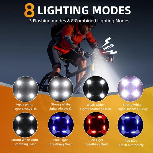 140 dB Bicycle Horn with Front and Rear Lights,USB Rechargeable Bike Bell with Wide-Beam LED Headlight, IPX6 Water-Resistant, for Night Riding and Daily Commute, Suitable for Commuters, E-Bike Riders