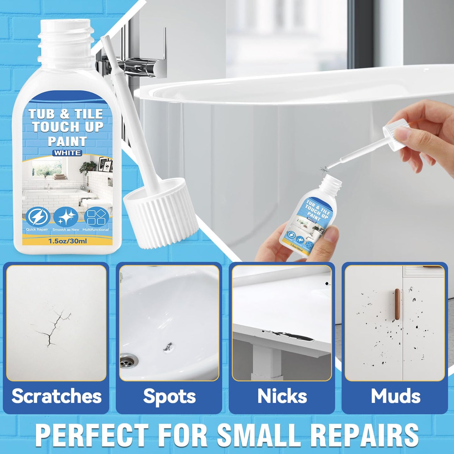 Tub and Tile Paint, White Touch Up Paint Pen for Bathtub, Repairs Countertops, Sinks, and Appliances, Porcelain Paint for Any Scratches Spots on Ceramic, Enamel, 1.5 fl Oz