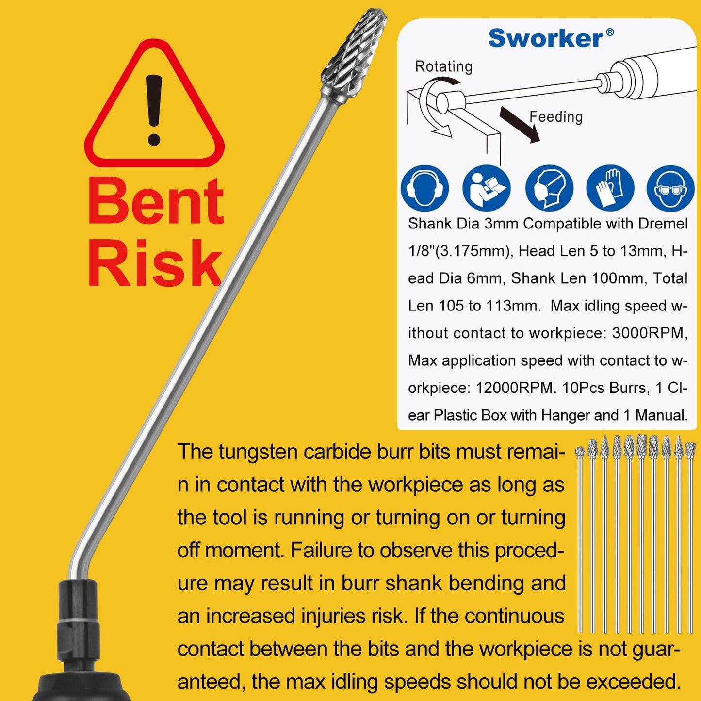 Sworker 10Pcs Long Carbide Burr Set 1/8" Shank Total L 4.4" Compatible with Dremel Die Grinder Bits Port Grind Metal Cast Iron Steel Aluminum Cylinder Head Engine Intake Exhaust Manifold Tight Area