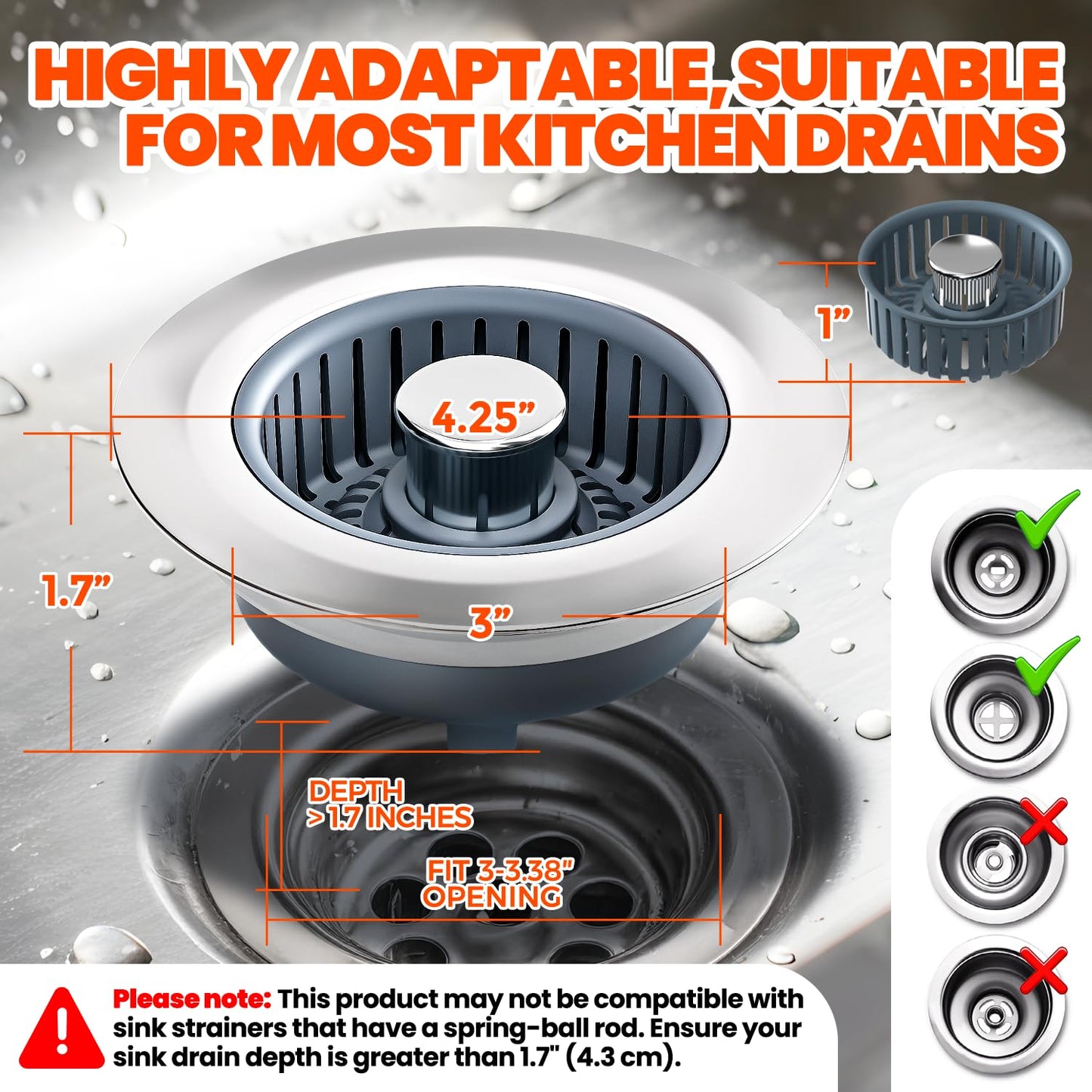 Nipoko Kitchen Sink Drain Strainer - Upgraded Kitchen Sink Stopper,Sink Stopper Kitchen Drain,Stainless Steel Drain Plug with Anti-Clog Basket Drain Stopper Combo,for Standard 3-1/2'' Drain,Grey