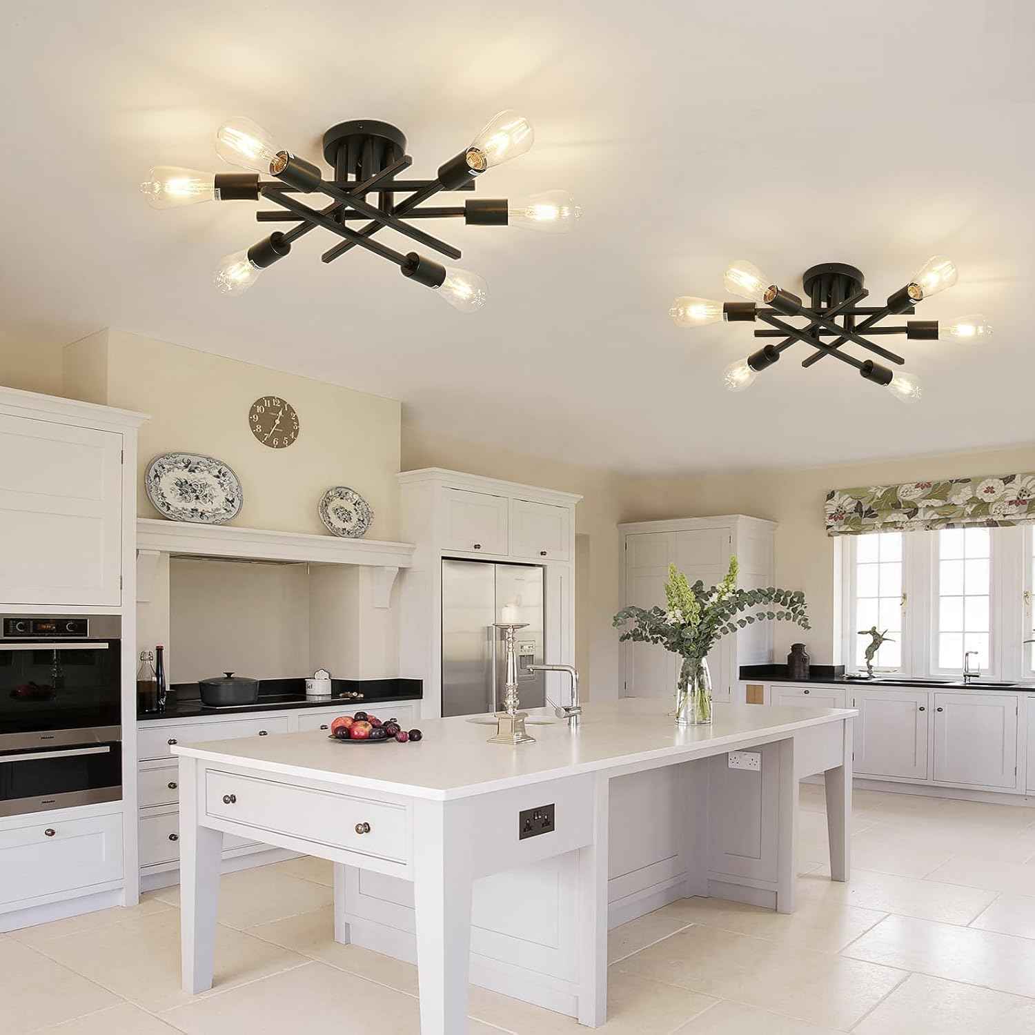 Gold Modern 6-Light Semi Flush Mount Ceiling Light Fixture - Vintage Sputnik Chandelier for Kitchen, Dining & Living Room