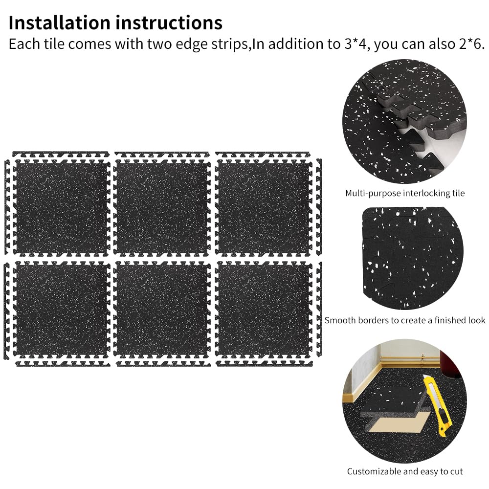 0.8in Thick 24 Sq Ft Gym Flooring for Home Gym, 6 Tiles Workout Exercise Equipment Mats, Rubber Top with EVA Foam, Interlocking Puzzle Floor Tiles for Fitness Room, Protective Flooring Mat