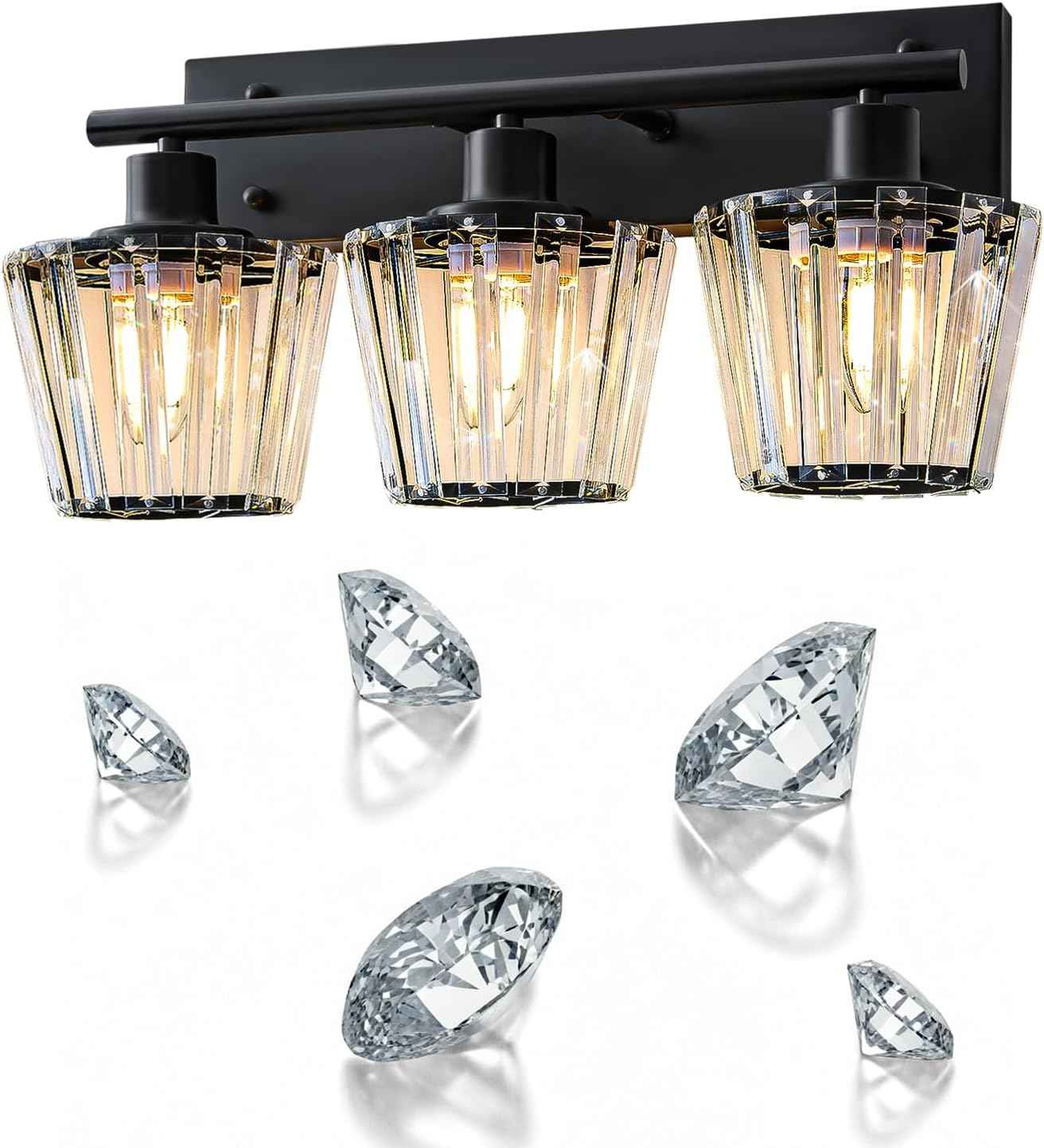 Modern 3-Light Crystal Vanity Light Fixture for Bathroom & Bedroom - Black Finish