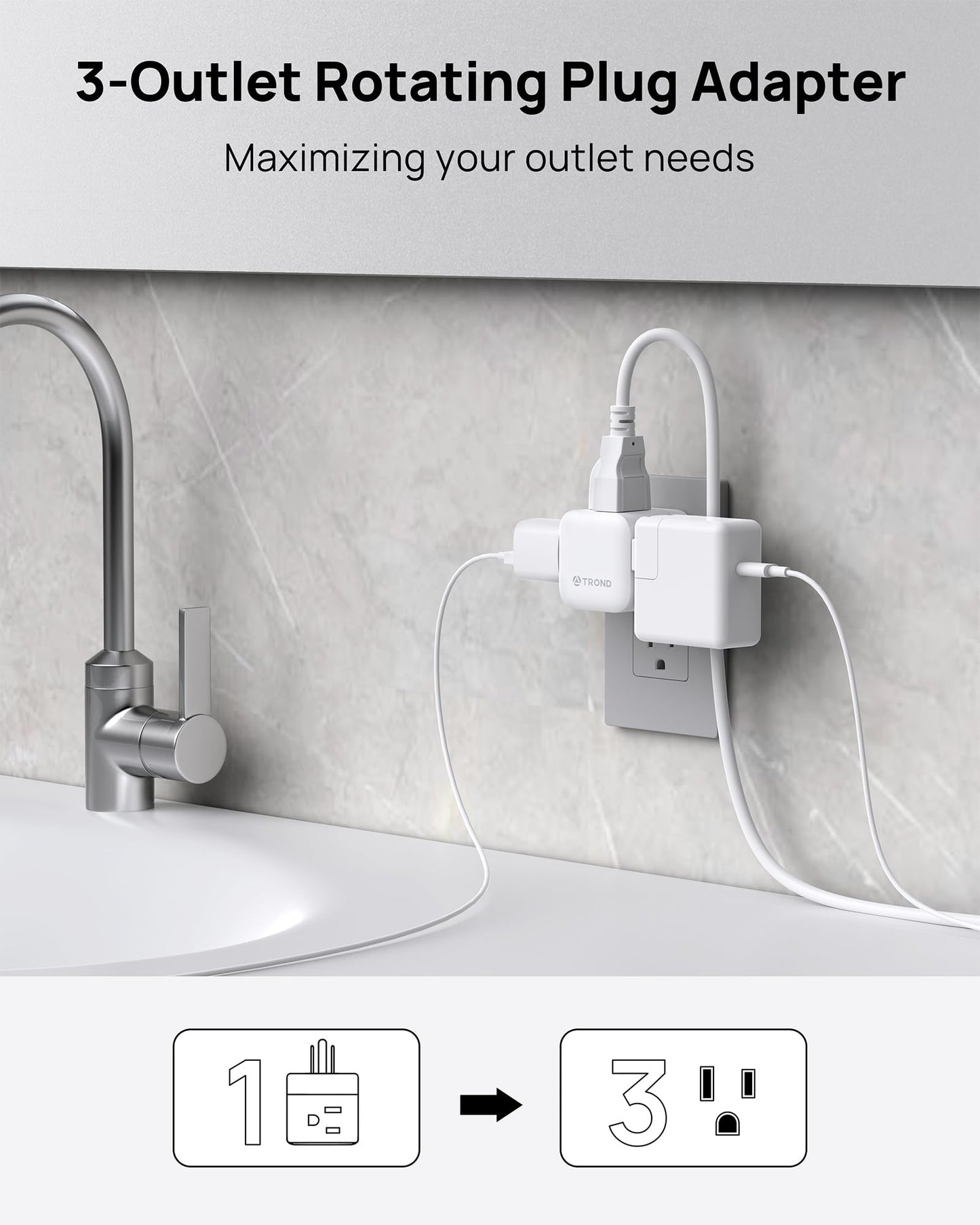 TROND Multi Wall Outlet Extender - Sideways Plug Adapter with 3 Electrical Sockets, 360 Rotating Plug to Turn the Horizontal to Vertical Outlet for Plugging Air Freshener, Cat Calming, Night Light