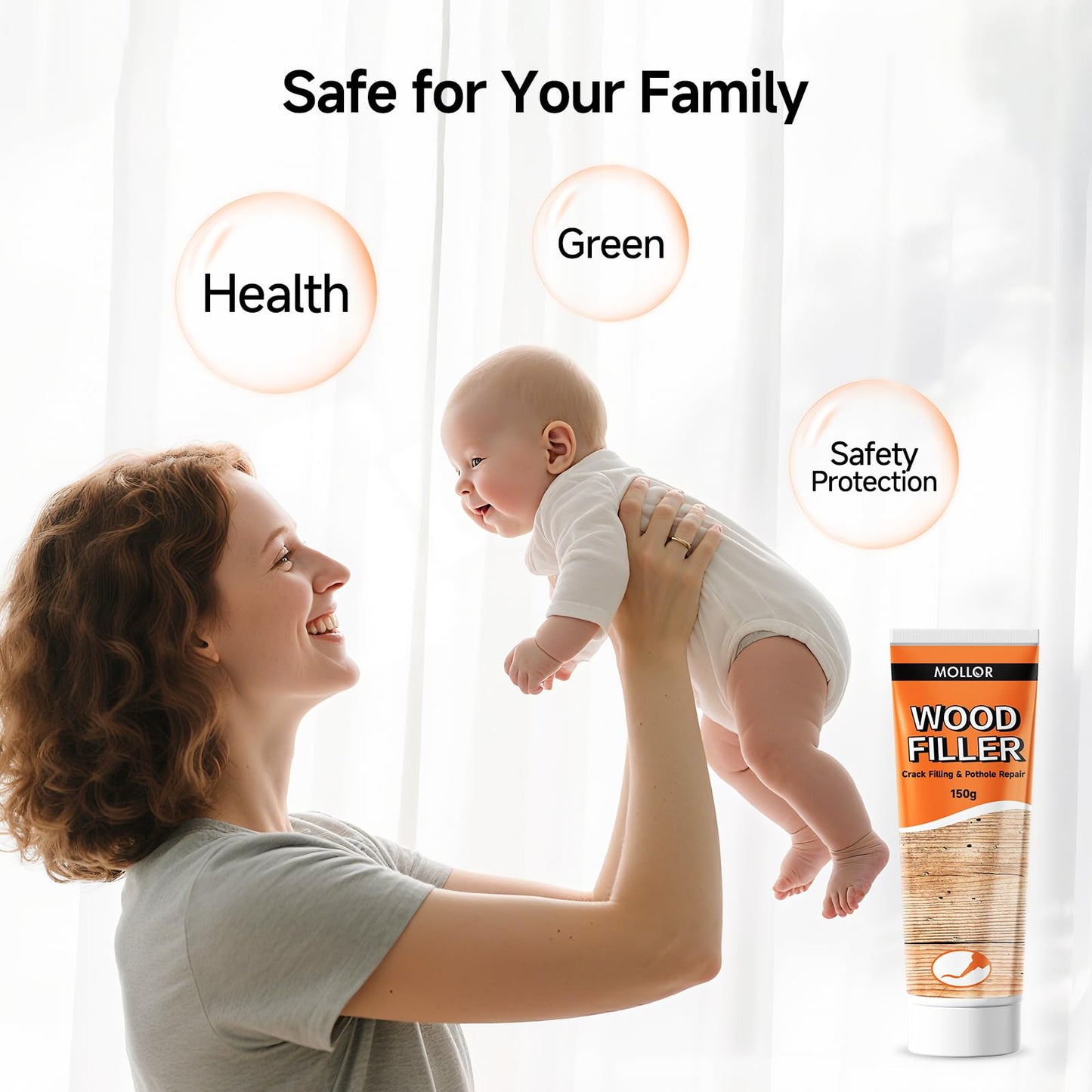 Mollor All Purpose Wood Filler, White Wood Putty Repair for Holes, Quickly Restore Any Broken and Defective Wooden Furniture, Door Frame Repair Kit Stainable (5.29oz/150g)