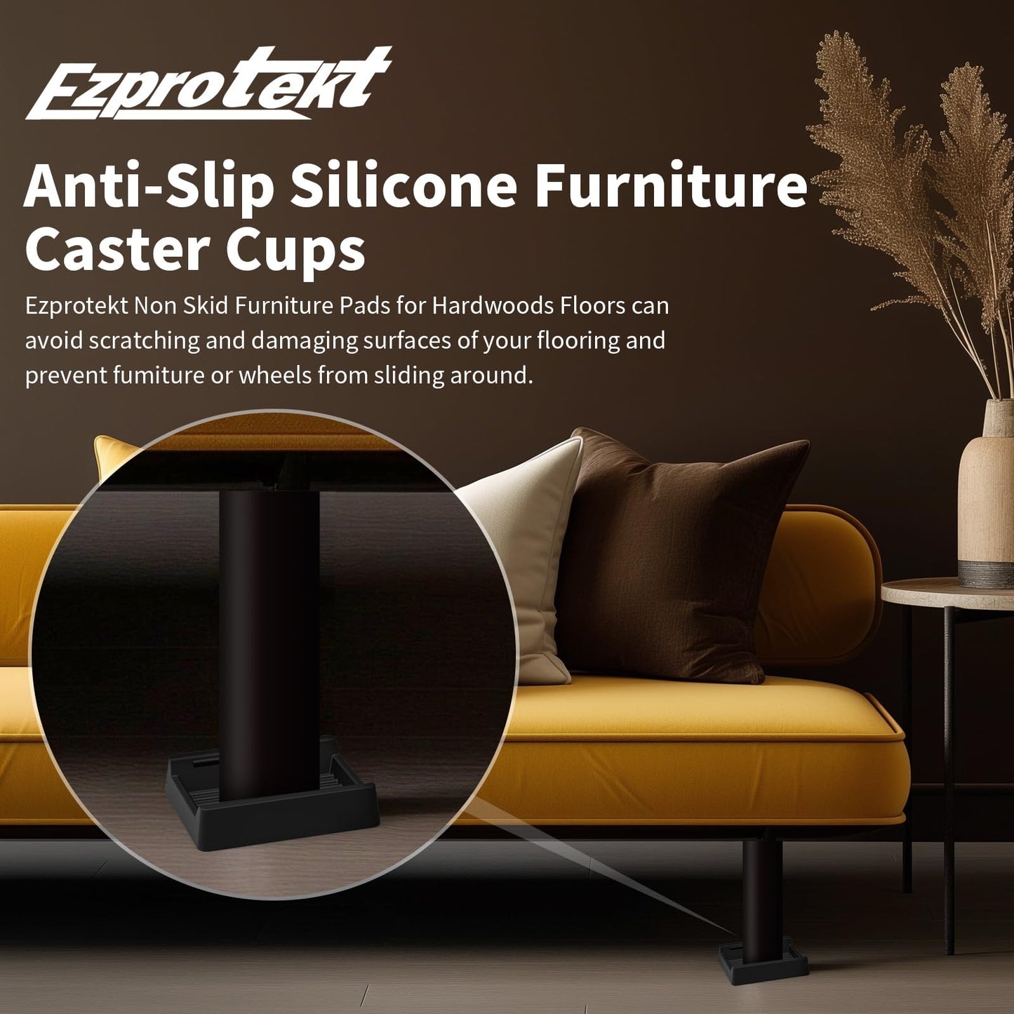 Ezprotekt 4 Pcs Non Slip Rectangle Furniture Caster Cups, 2.9" x 2.3" Silicone Non Skid Furniture Pads Coasters for Hardwoods Floors, Bed Couch Wheel Stoppers to Prevent Sliding (Black)