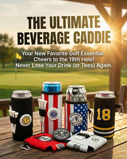 Golf Can Cooler Classic Can – 3‑in‑1 Golf Drink Sleeve with Magnetic Ball Marker, Bag Clip & Tees – Red Design