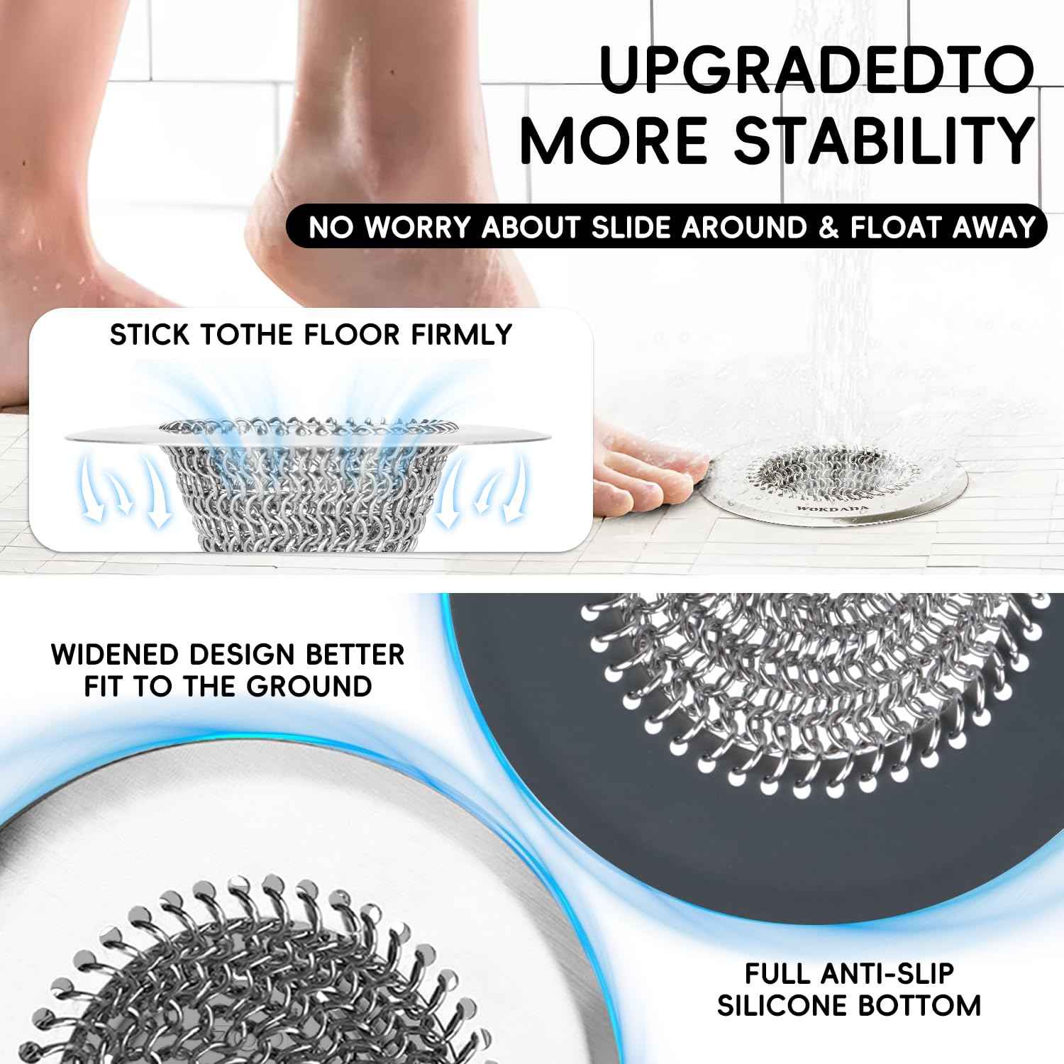 2 Pack Wokdada Bathtub Drain Hair Catcher, Wokdada Fast Drainage Shower Drain Hair Catcher, Reversible 304 Stainless Steel Drain Protector for Pop-Up and Regular Drains of Bathroom(Patented Product)