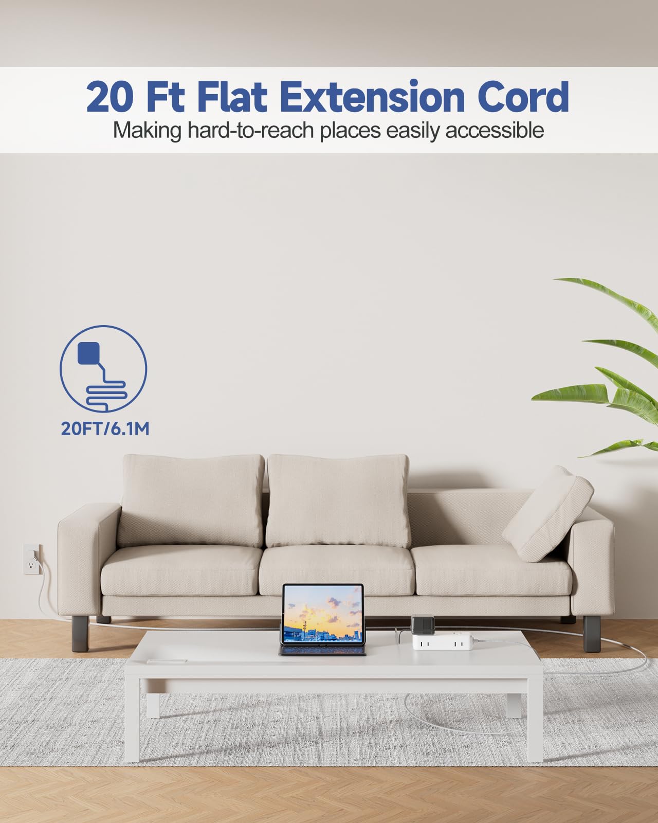 Flat Plug Extension Cord 20 FT with 4 AC Outlets 3 USB Ports (5V/3.4A 17W), 20Ft Long Braided Cord for Home Office College Dorm