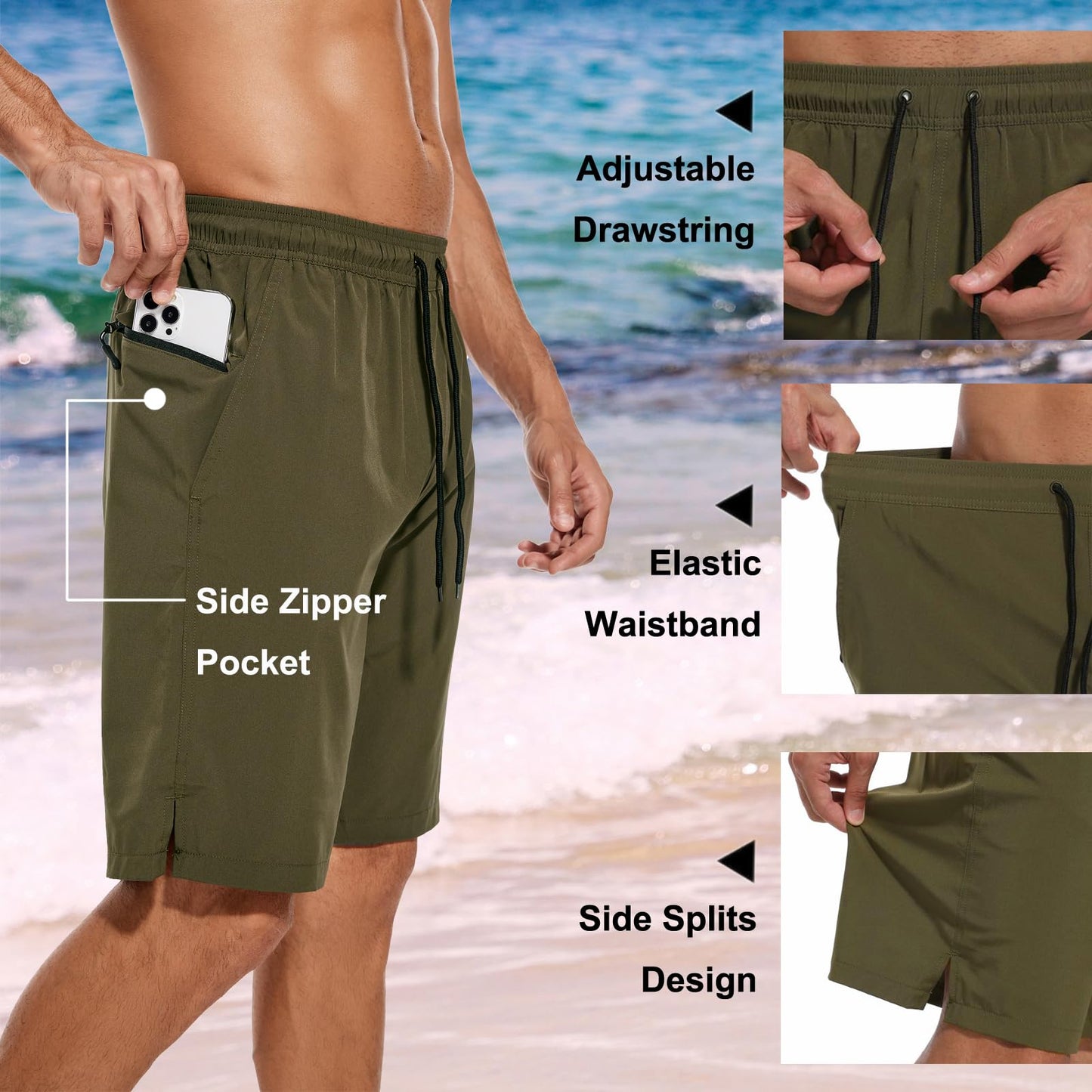 difficort Mens Swim Trunks Bathing Suit 9" Board Shorts,Army Green,Large