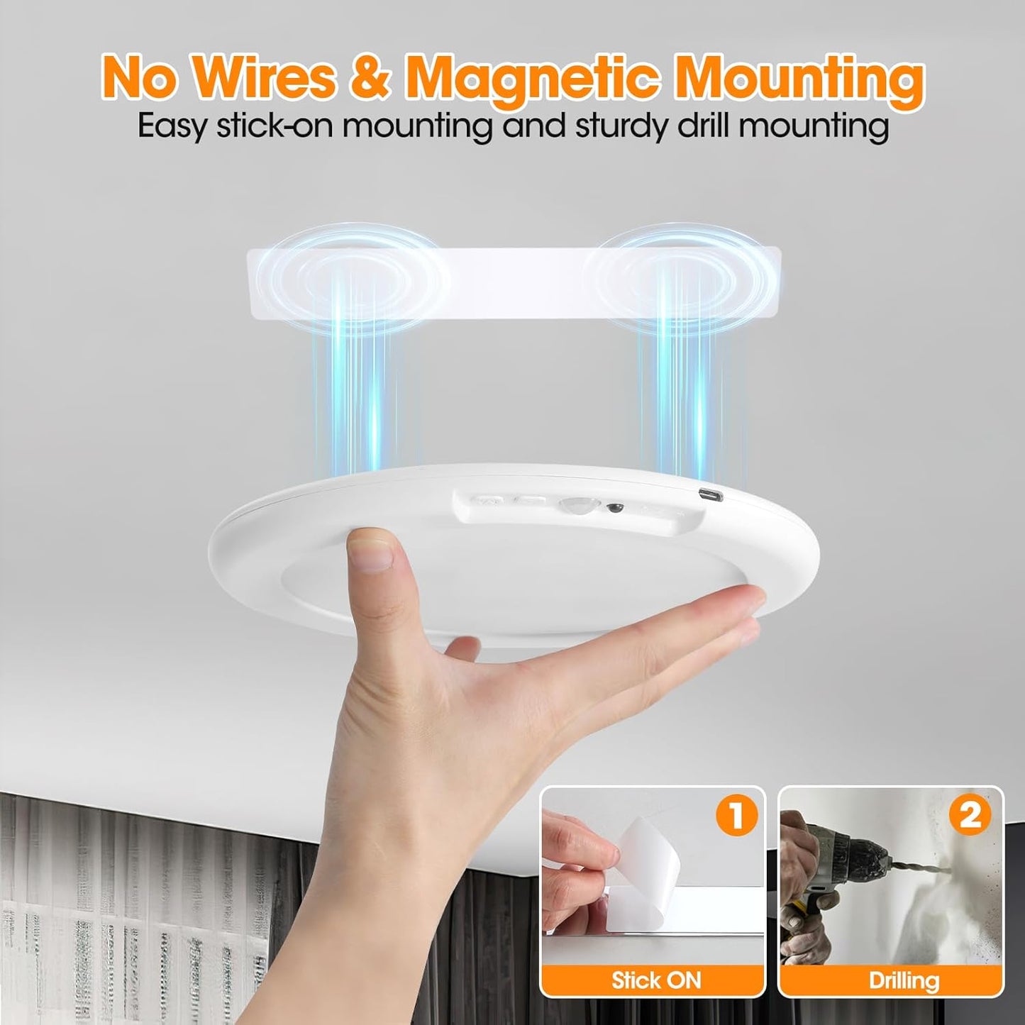 Rechargeable Motion Sensor Ceiling Light - 2 Pack Wireless Battery-Powered with Remote for Closet, Shower, Stairs, and Hallway