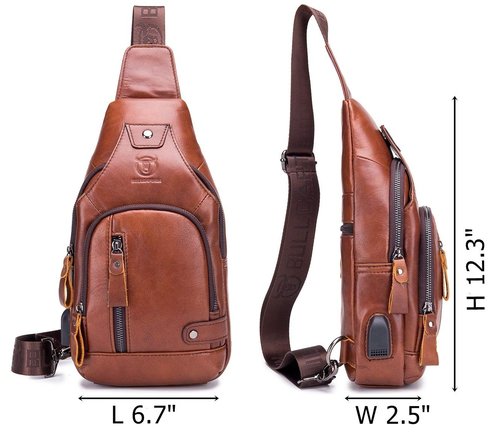 BULLCAPTAIN Genuine Leather Mens Sling Bag Multipurpose Travel Crossbody Chest Bag Daypacks with USB Charging Port (Brown)