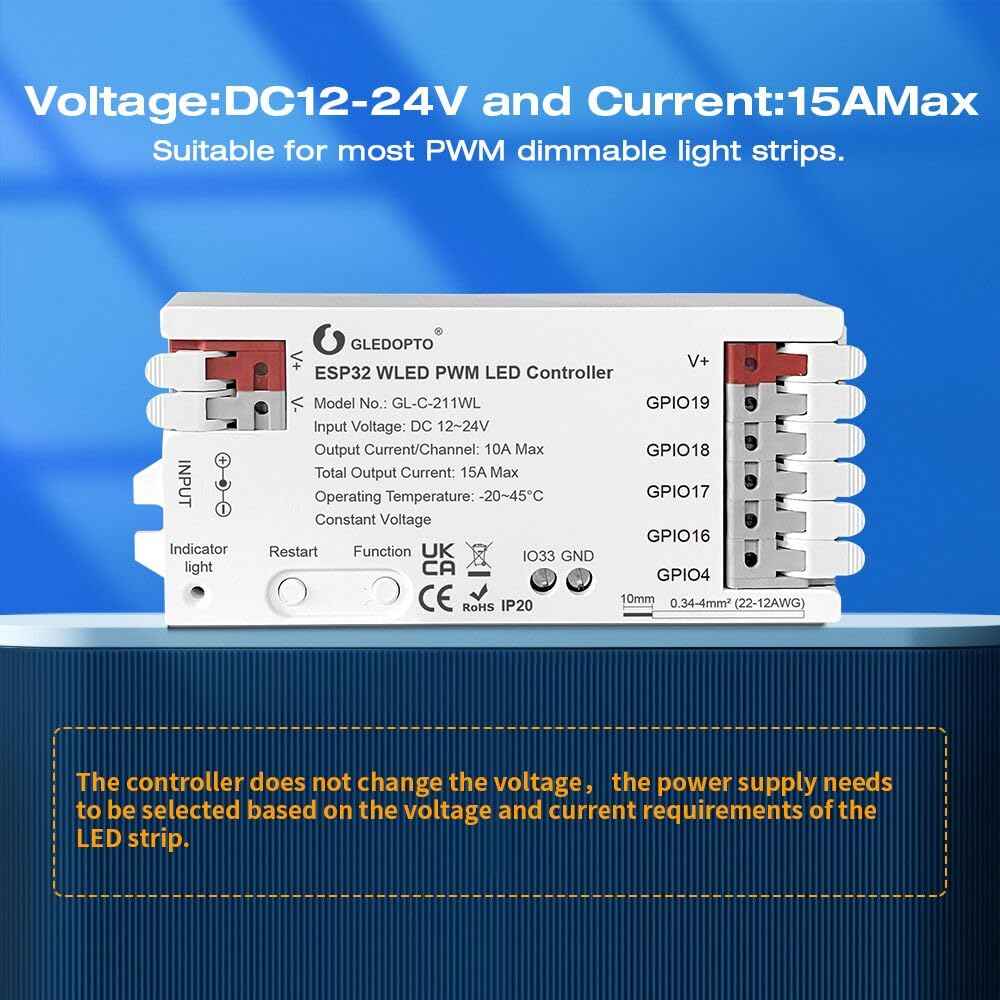 ESP32 PWM WLED LED Controller 5 Modes in 1 DC 12-24V WiFi Wireless App Control Easy Wiring DIY Static Dynamic Mode Lighting For Analog RGBCCT RGBW RGB WWCW CCT Dimmer Strip Light WLED Pre-installation