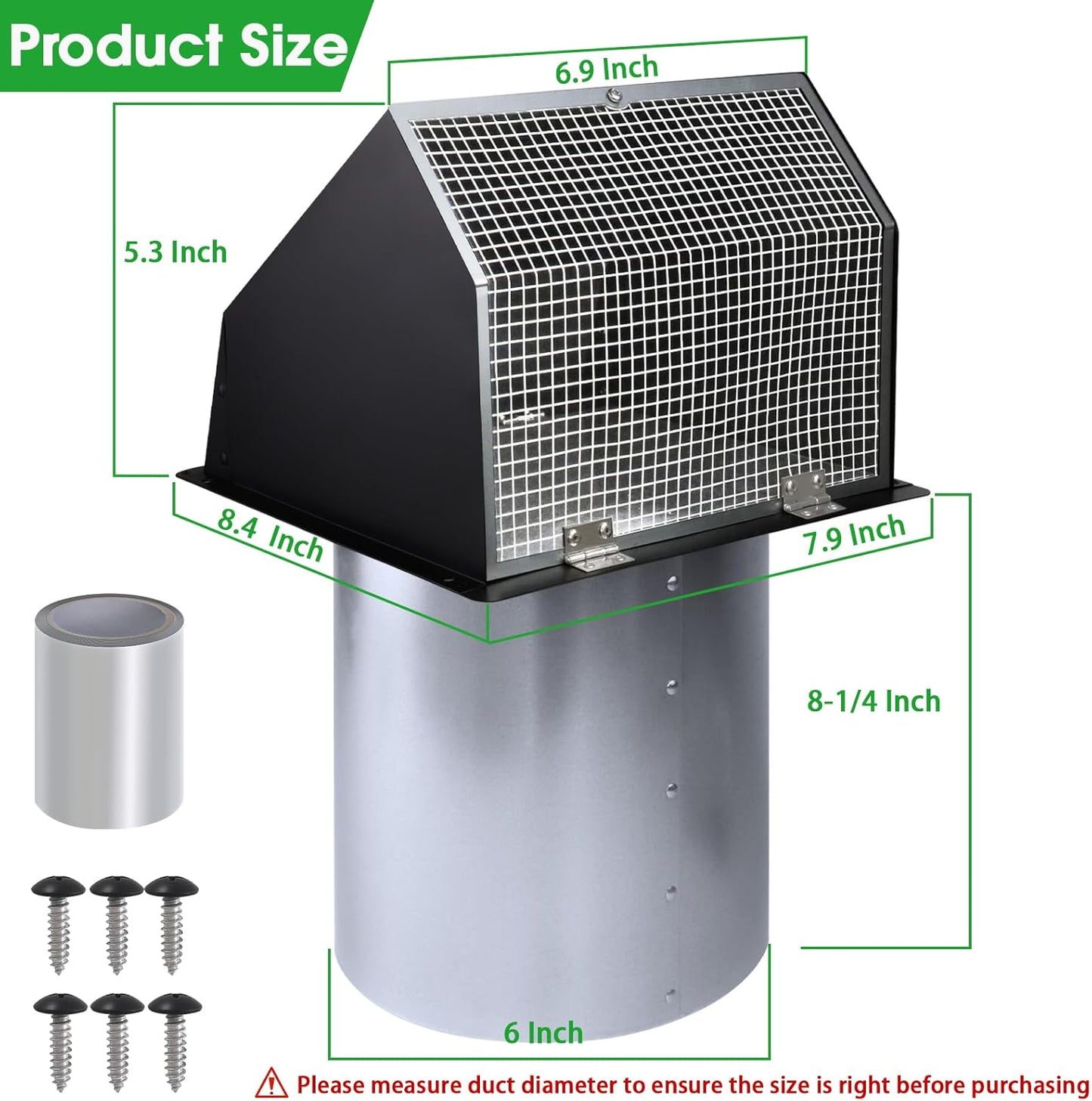 5-Inch Exterior Dryer Vent Cover with Screen & Damper - Galvanized Steel, Black