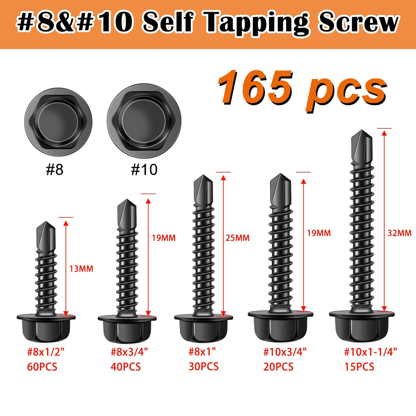 weideer 165pcs #8#10 Self Tapping Screws, Sheet Metal Screws, 410 Stainless Steel Black Hex Washer Head Quick Tapping Screw #8 1/2" 3/4" 1" #10 3/4" 1-1/4" K-G106