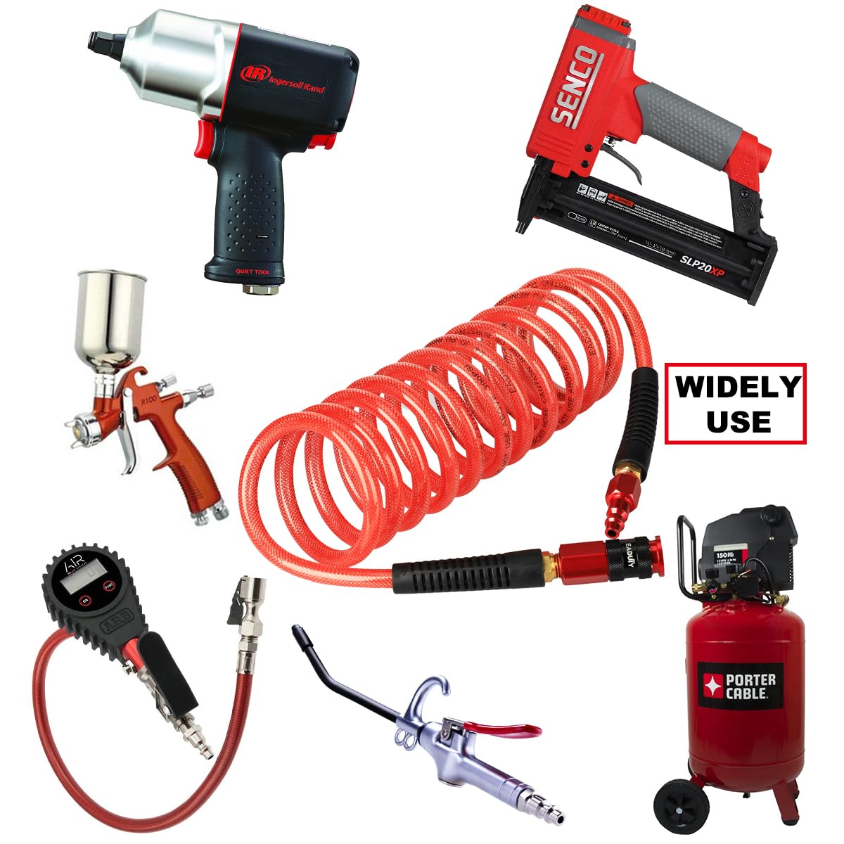 EADUTY Heavy Duty Reinforced Polyurethane Recoil Air Hose 1/4 in x 10 ft, Lightweight, Flexible Compressor Hose with Universal Quick Coupler, Plug and Bend Restrictors, Red