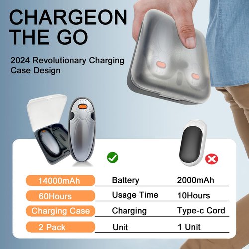 Hand Warmers Rechargeable 2 Pack,with Charging Case,14000mAh Electric Hand Warmer Reusable, 60Hrs Long Heating, Portable Pocket Heater Handwarmer for Women Men, Outdoor Camping, Ski Equipment (Grey)
