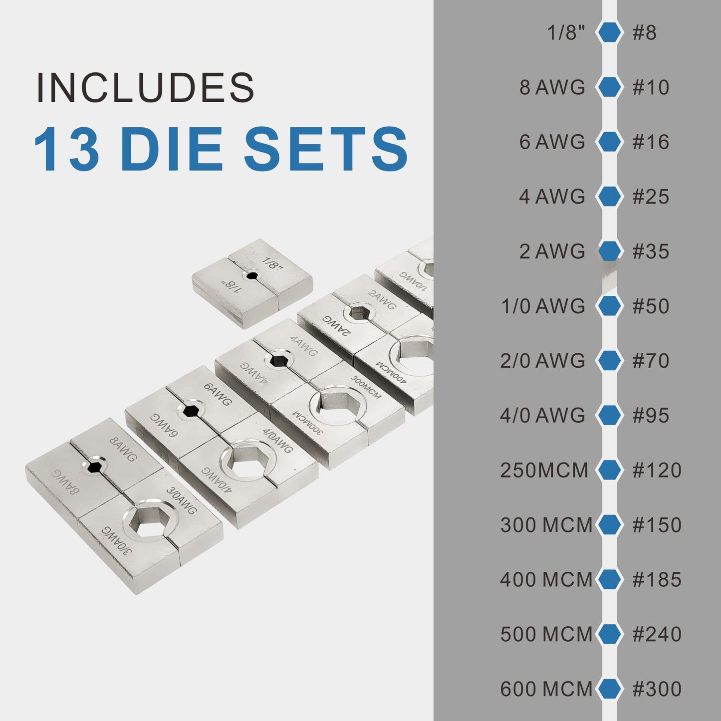 AMZCNC Industrial Hydraulic Cable Lug Crimper 16 Ton 9 AWG to 600 MCM Electrical Terminal Cable Wire Tool Kit Includes 13 Pairs of Die Sets