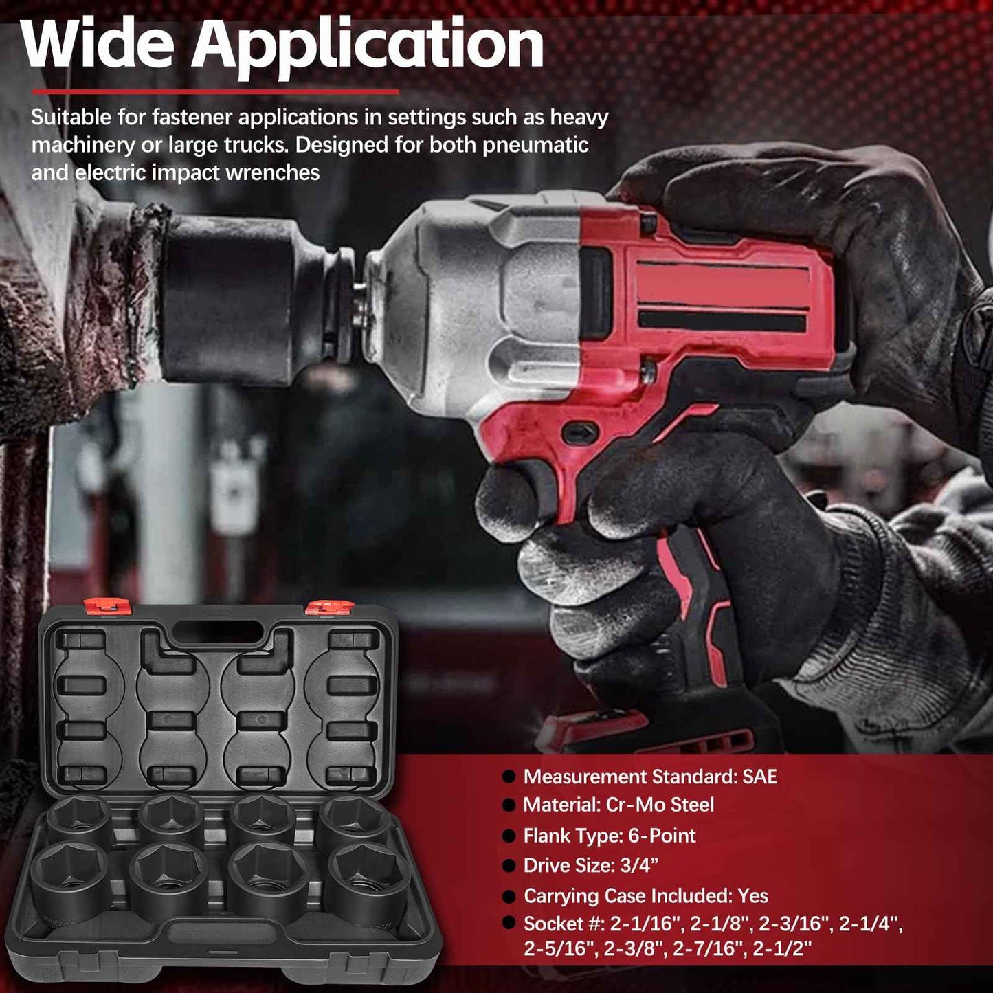 3/4" Drive Spindle Axle Nut Impact Socket Set, 6 Point Large Socket Set, CR-MO, 2-1/16" to 2-1/2", Heavy Duty Impact Socket Set Use In Removing And Installing Axle Nuts