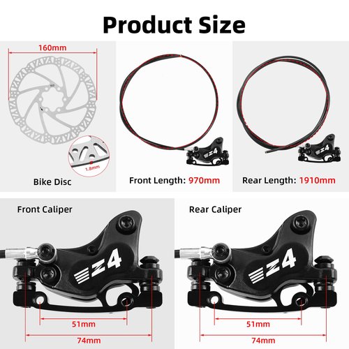 Hydraulic Disc Brake Set for E-bike, 4-Pistons 2-PIN Power-Off Pre-Bled with Mineral Oil Brakes Kit with 2Pcs 160mm 2.2mm Thick Rotors for eBike, Mountain Bike, Road Bike