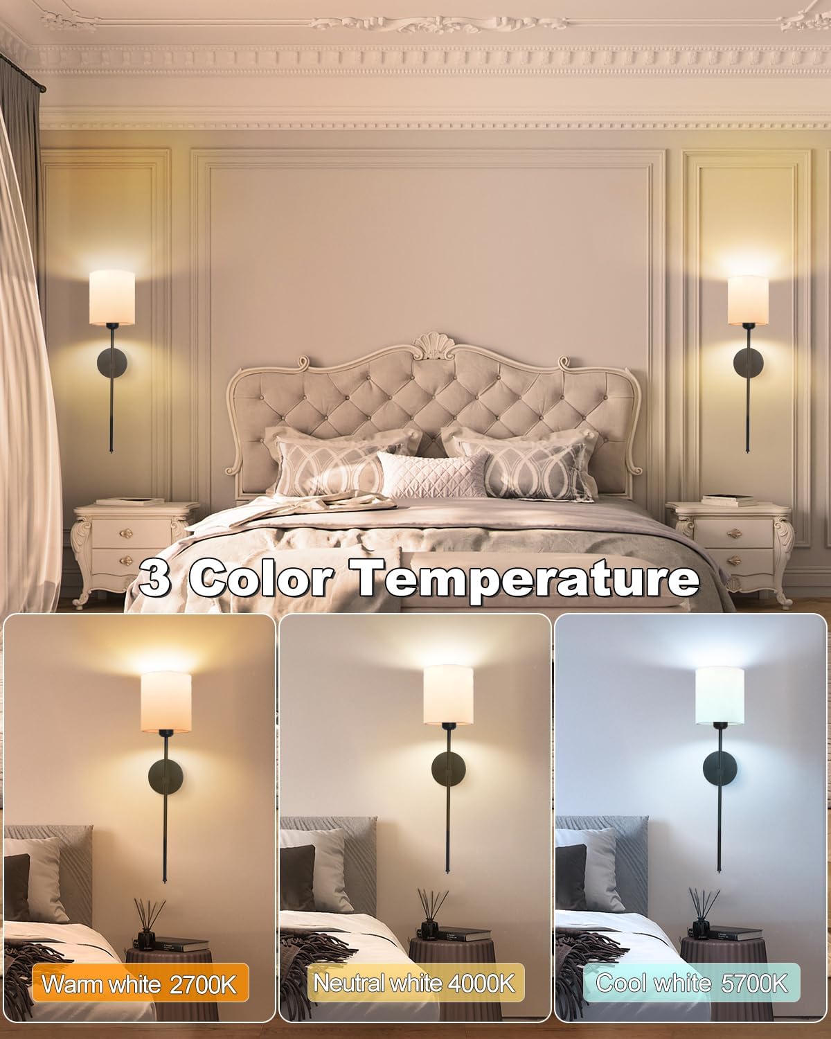 Rechargeable Black Wall Sconce Set of 2 - 5CCT Wireless Dimmable Lights with Remote for Bedroom & Living Room