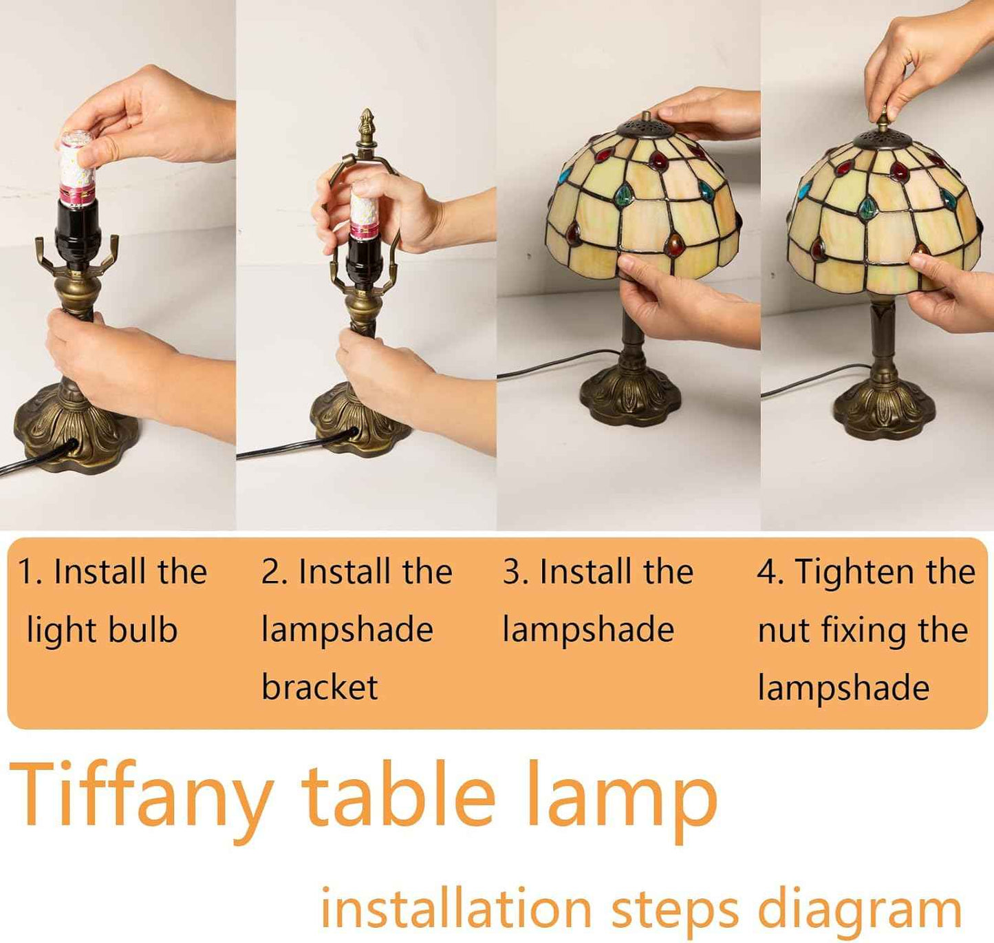 Tiffany Table Lamp - 8 Inch Antique Stained Glass, 3 Color Temperatures, Handcrafted for Bedroom & Living Room