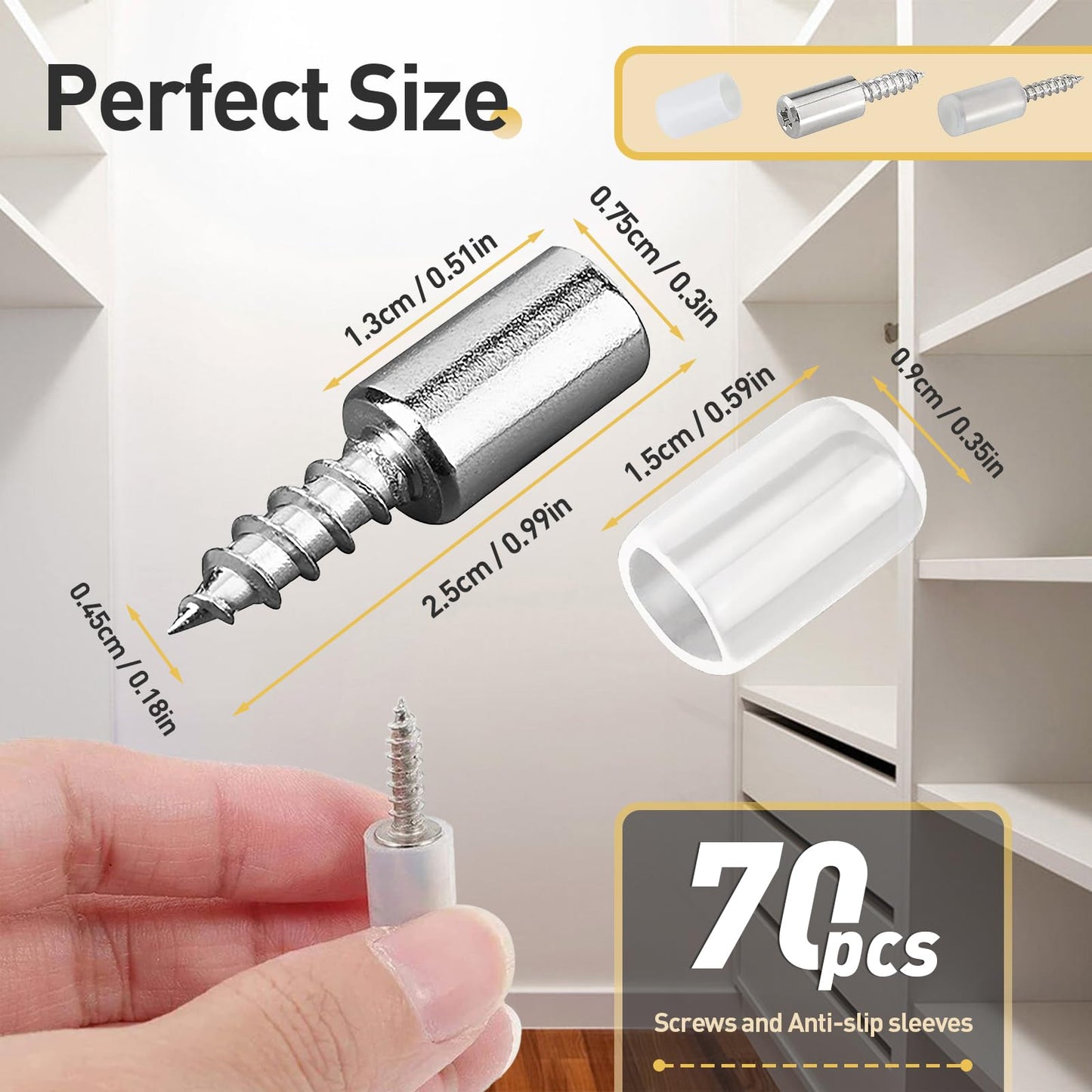 70 Pcs Self Tapping Screws Cabinet Laminate Support, Shelf Pins with Non-Slip Sleeve, Cabinet Shelf Pegs for Kitchen Utensils, Bookcases and Wardrobes, Fixed Support Self - Tapping Cross Screw