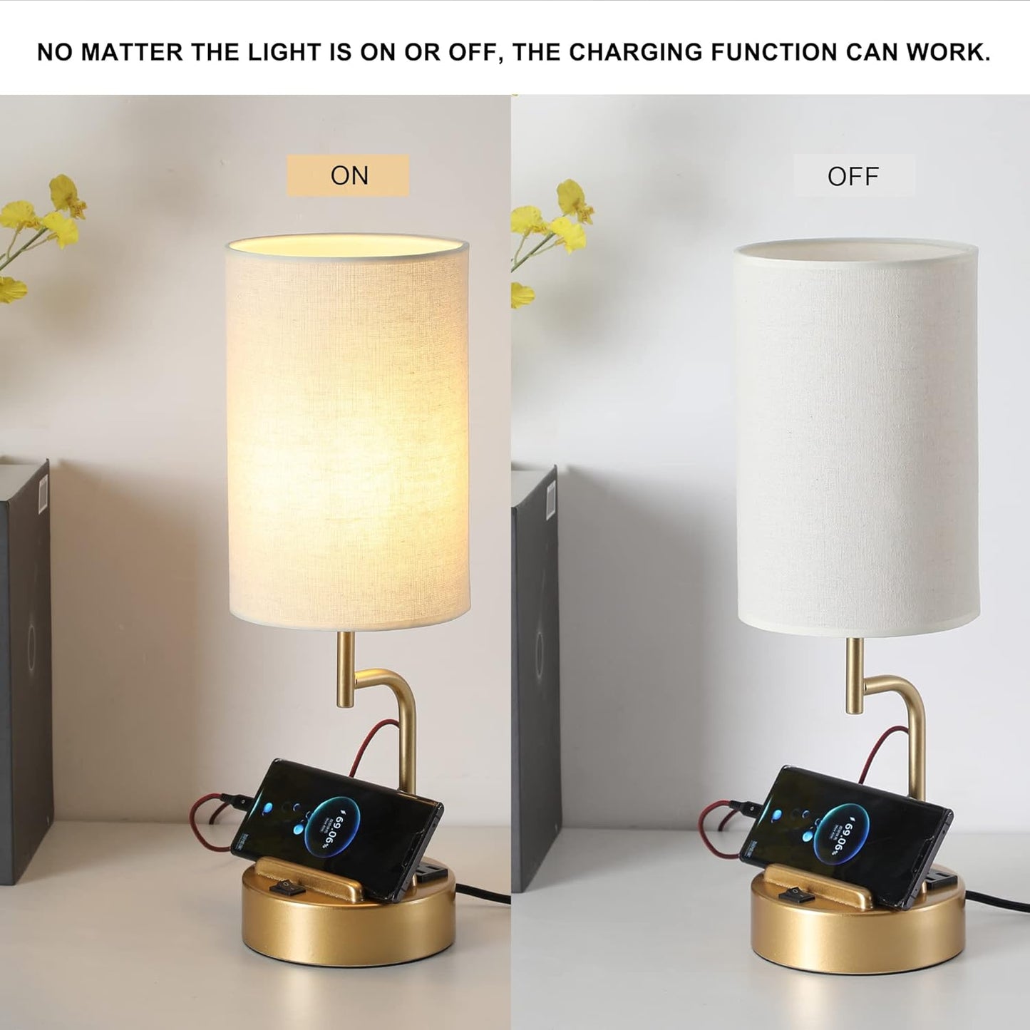 Modern Table Lamp with 3 USB Ports & AC Outlet - Set of 2 Bedside Desk Lamps in Silver