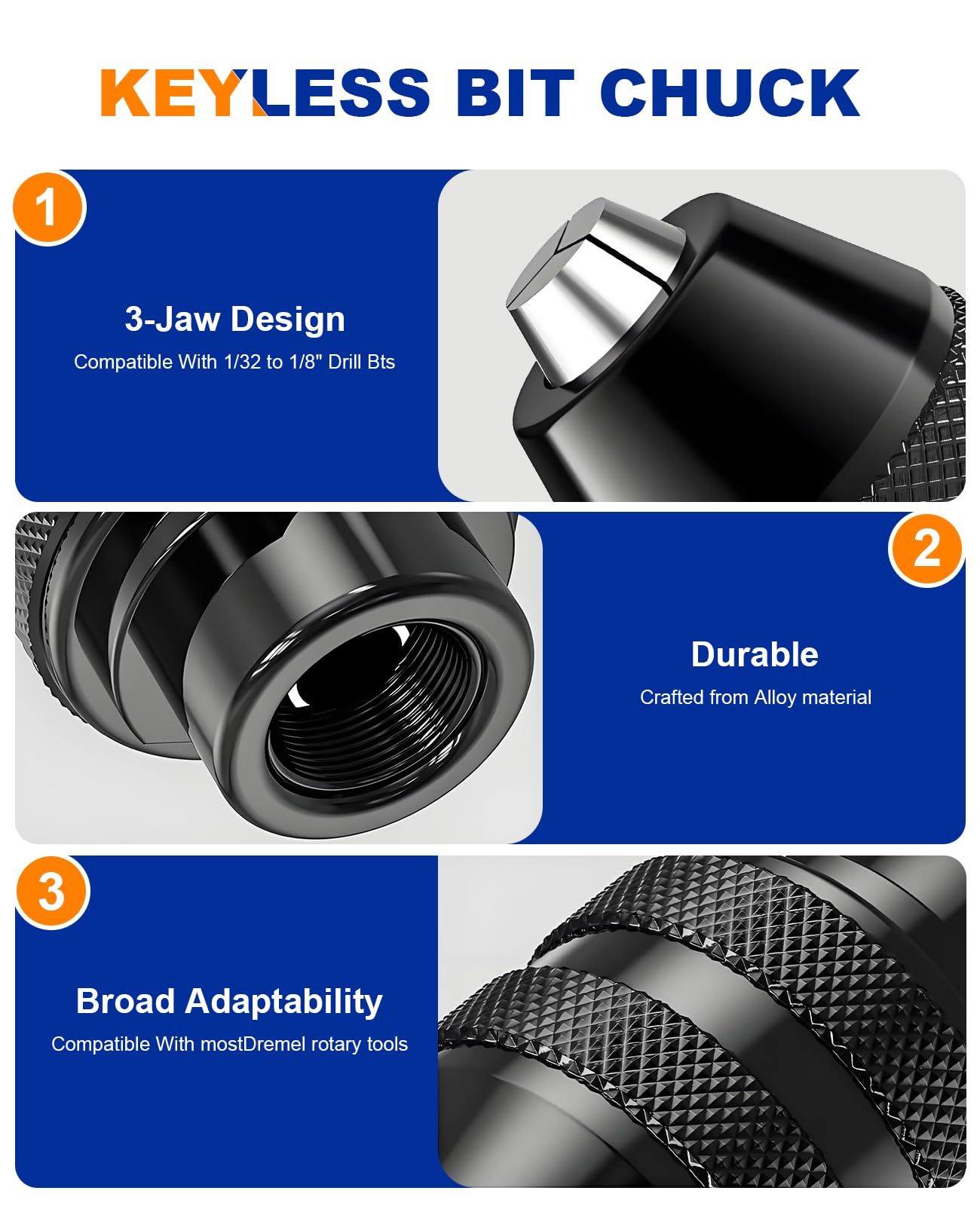 LuMuank 15Pcs Chuck Collet Set for Dremel Tool Accessories, 1/32” (0.8mm) to 1/8” (3.2mm) Shank Replacement 4486 Rotary Tool Keyless Quick Change Chuck Bit with Replacement 4485 Brass Collet Metal Nut